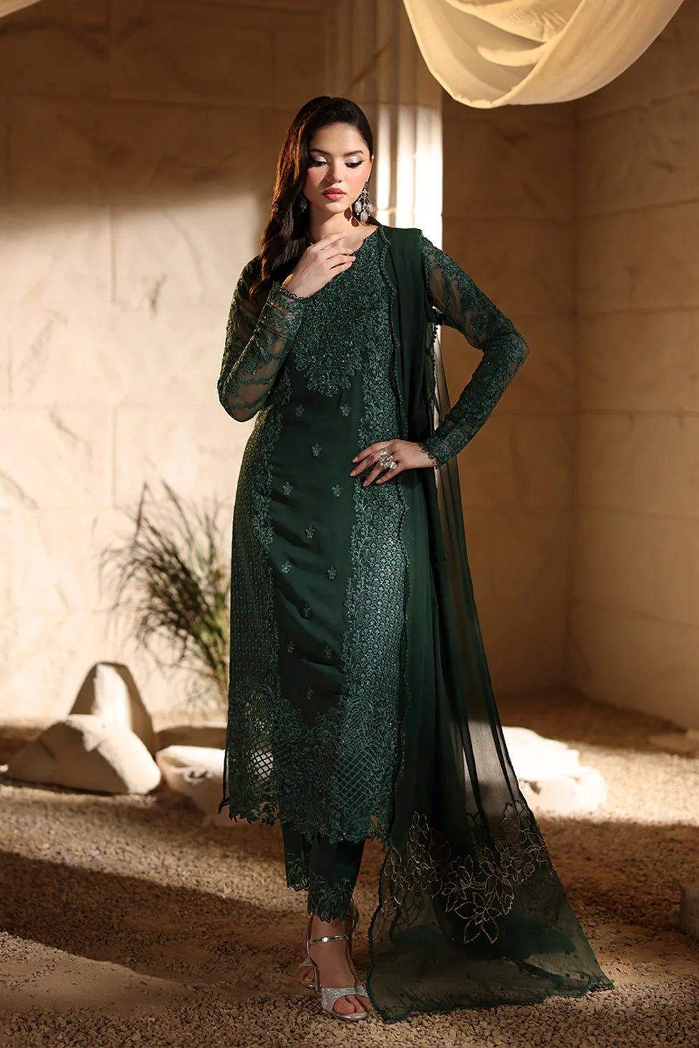 Elegant Dark Green Hand Embellished Chiffon Pakistani Party Dress