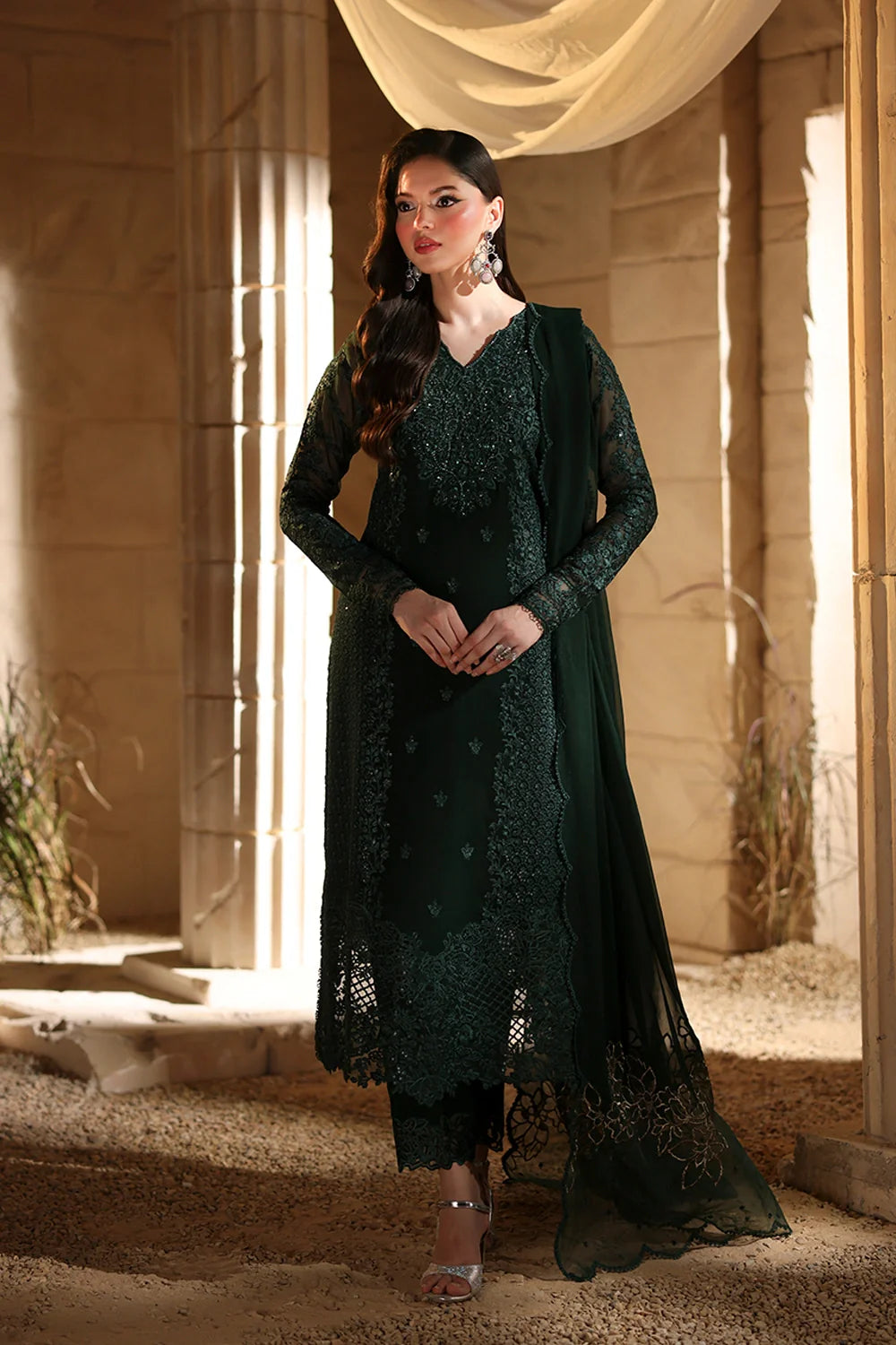 Elegant Dark Green Hand Embellished Chiffon Pakistani Party Dress