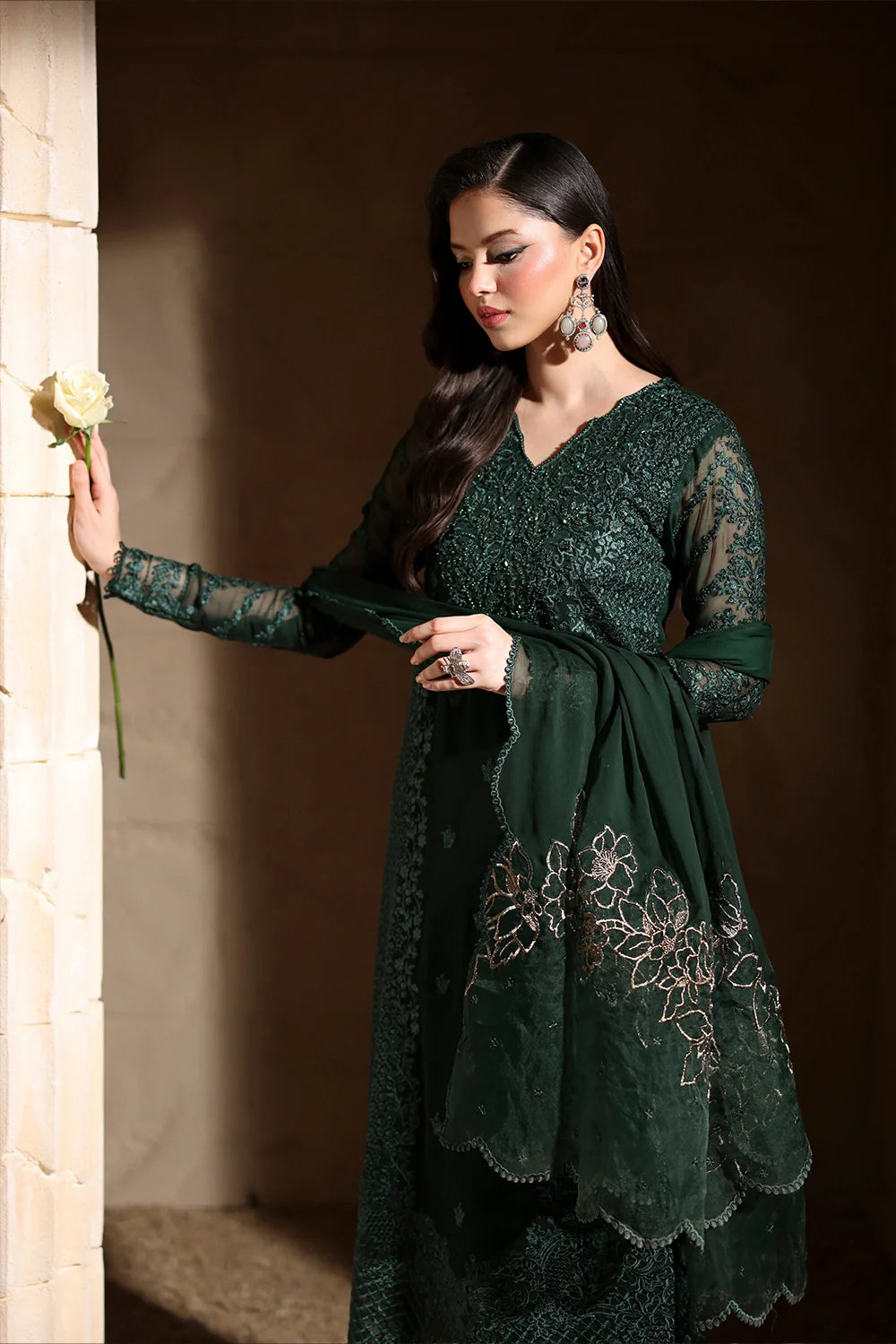Elegant Dark Green Hand Embellished Chiffon Pakistani Party Dress