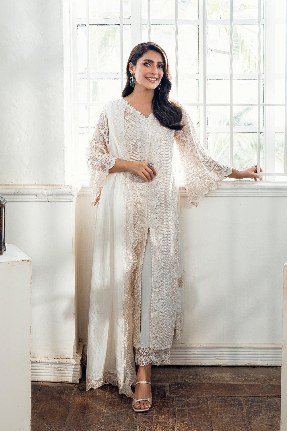 Elegant Cream Embroidered Net Pakistani Party Dress with Dupatta