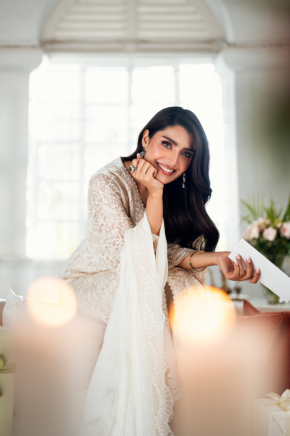 Elegant Cream Embroidered Net Pakistani Party Dress with Dupatta
