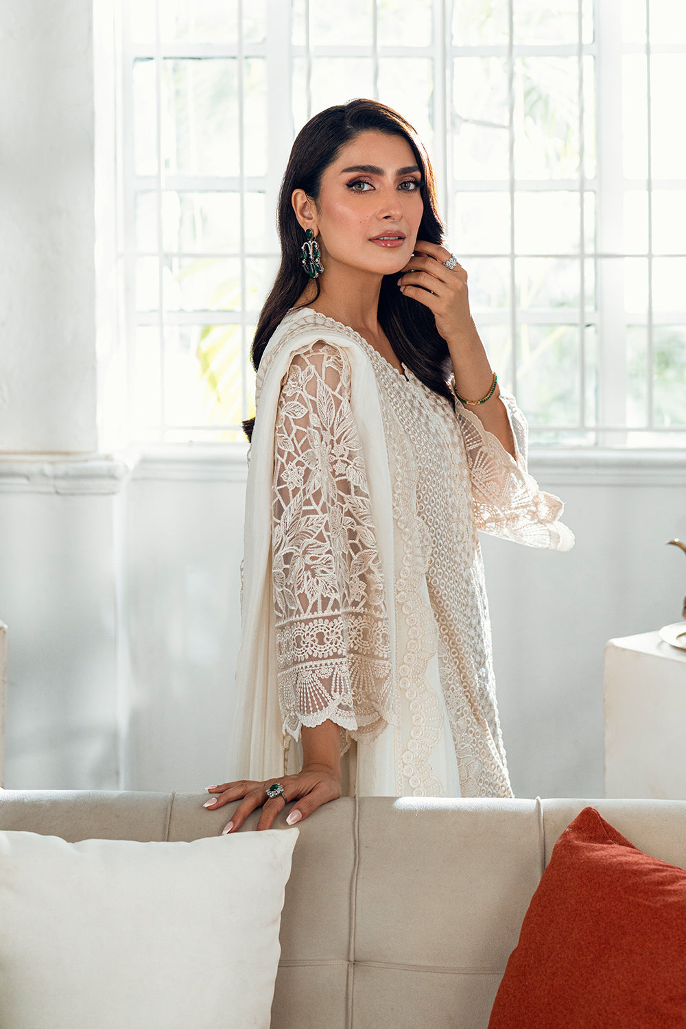 Elegant Cream Embroidered Net Pakistani Party Dress with Dupatta