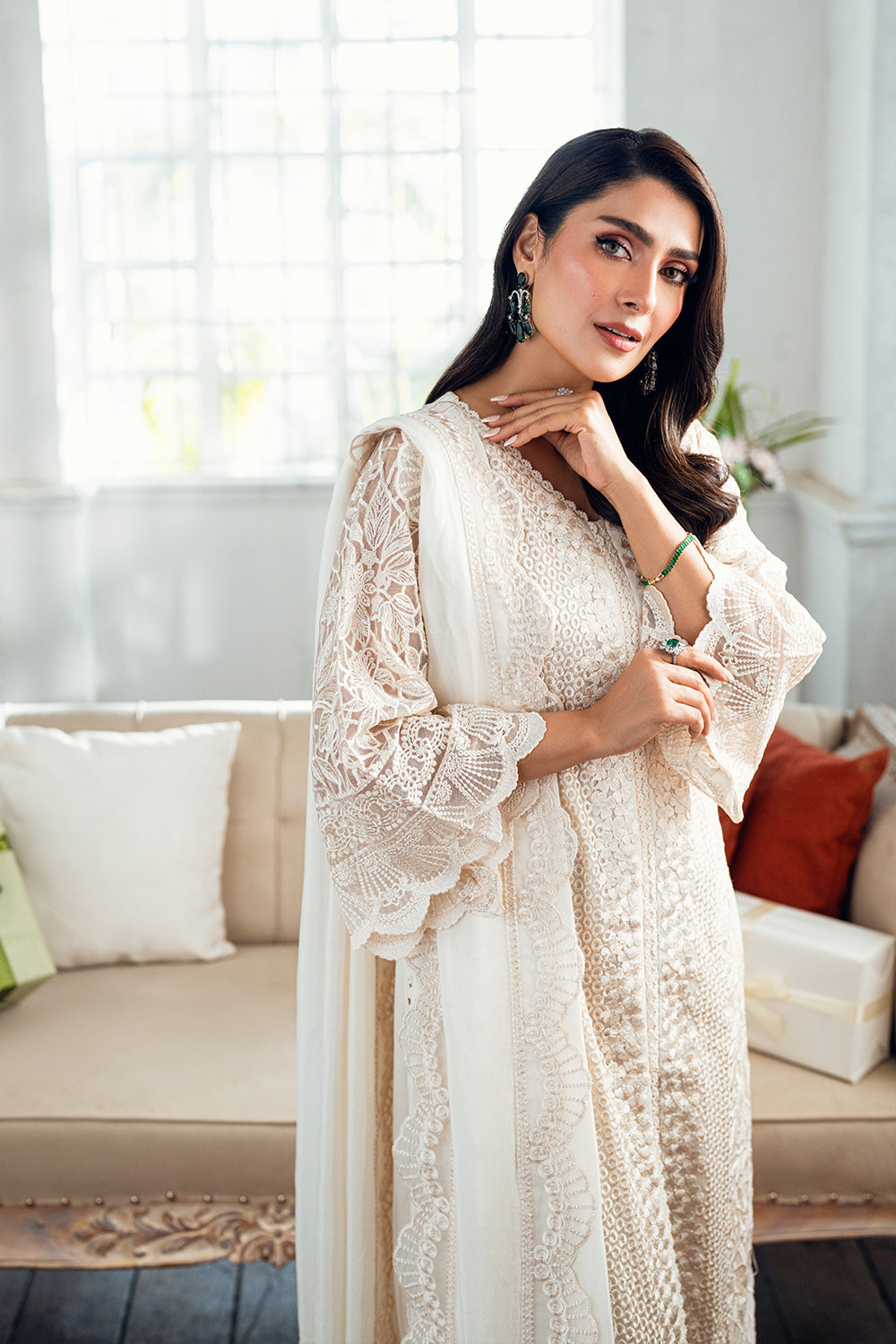 Elegant Cream Embroidered Net Pakistani Party Dress with Dupatta