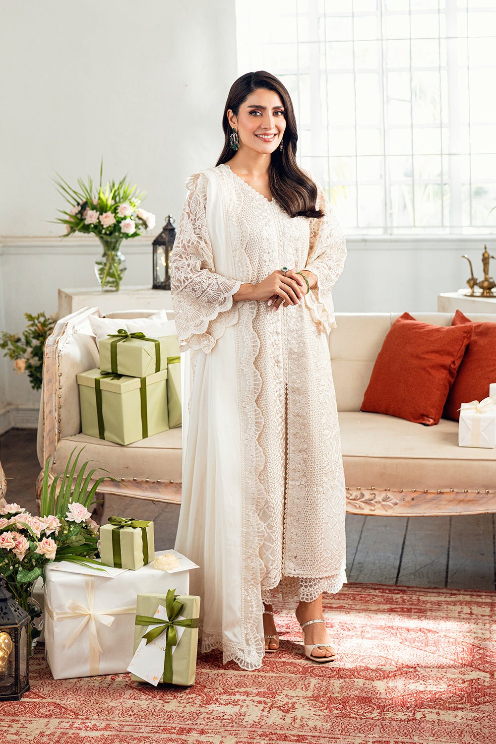 Elegant Cream Embroidered Net Pakistani Party Dress with Dupatta