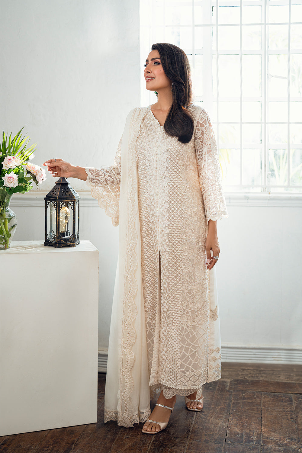 Elegant Cream Embroidered Net Pakistani Party Dress with Dupatta