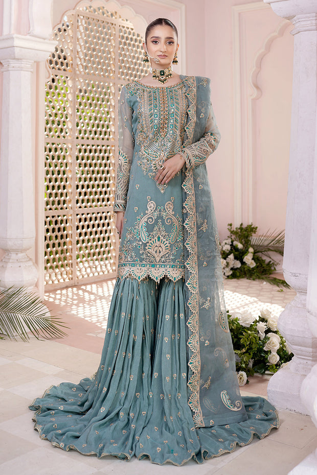Elegant Aqua Blue Embroidered Pakistani Wedding Dress Kameez Sharara