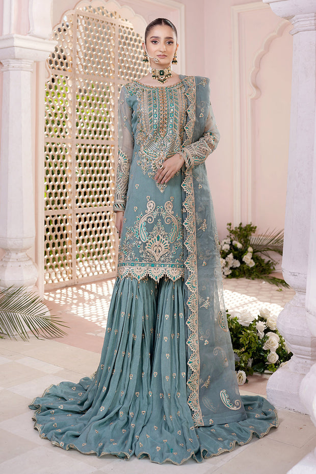 Elegant Aqua Blue Pakistani Wedding Dress Kameez Sharara Nameera by Farooq Elegant Aqua Blue Pakistani Wedding Dress Kameez Sharara Nameera by Farooq