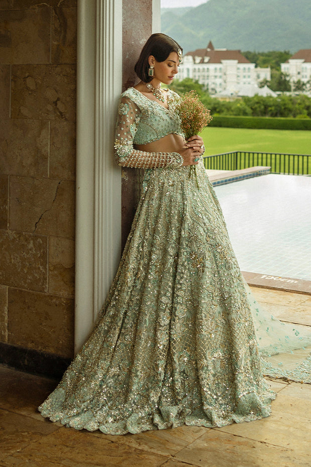 Elegant Aqua Green Net Lehenga Choli Pakistani Bridal Dress