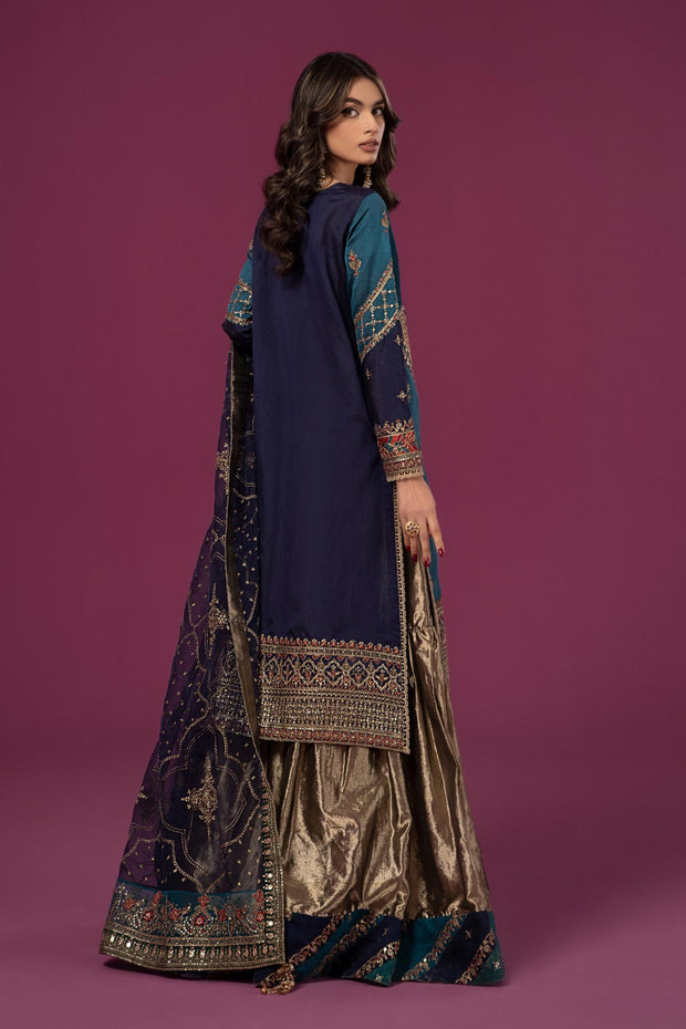 Elegant Blue Shade Pakistani Party Dress in Copper Shade High Flared Gharara Style