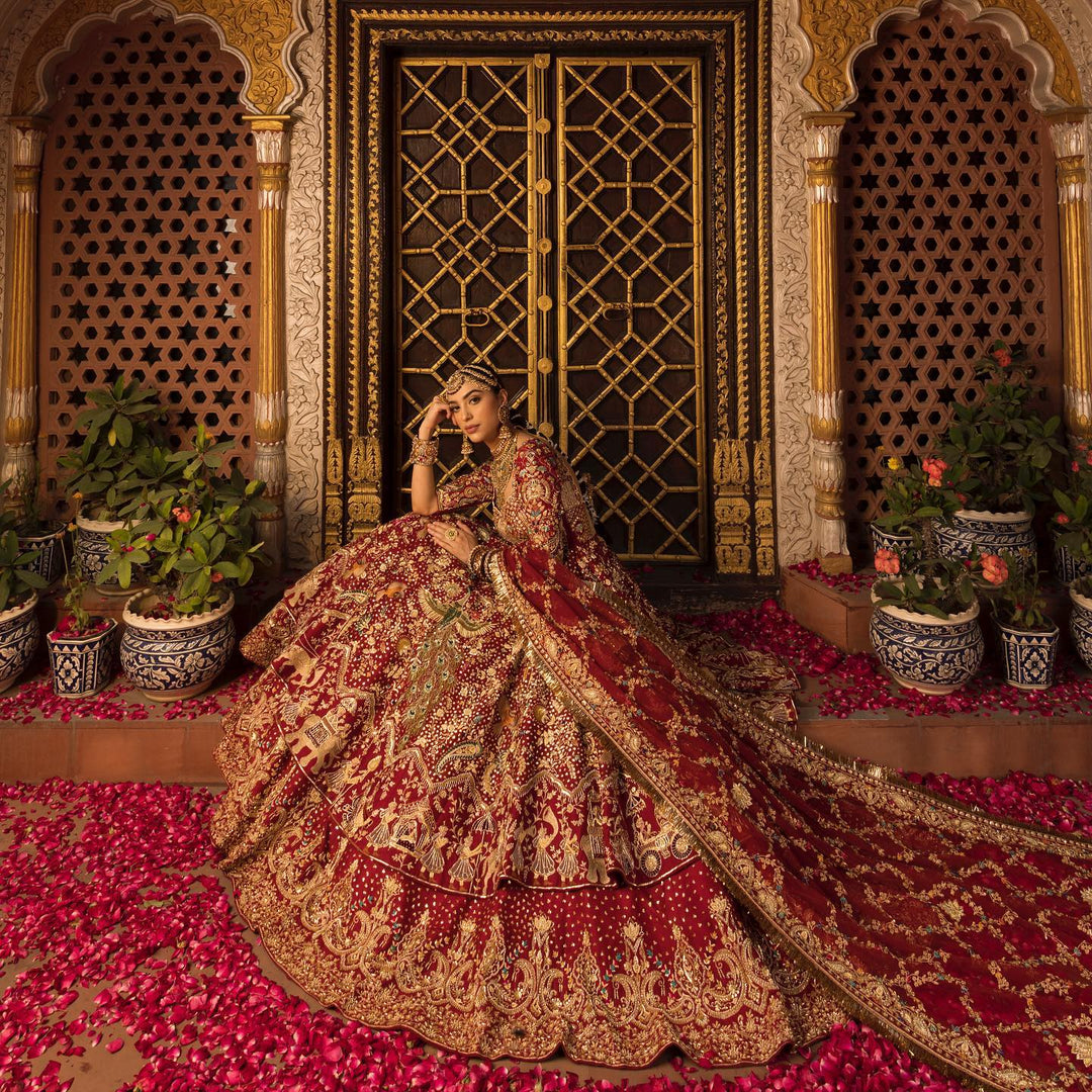 Elegant Bridal Wedding Dress in Red Lehenga and Frock Style