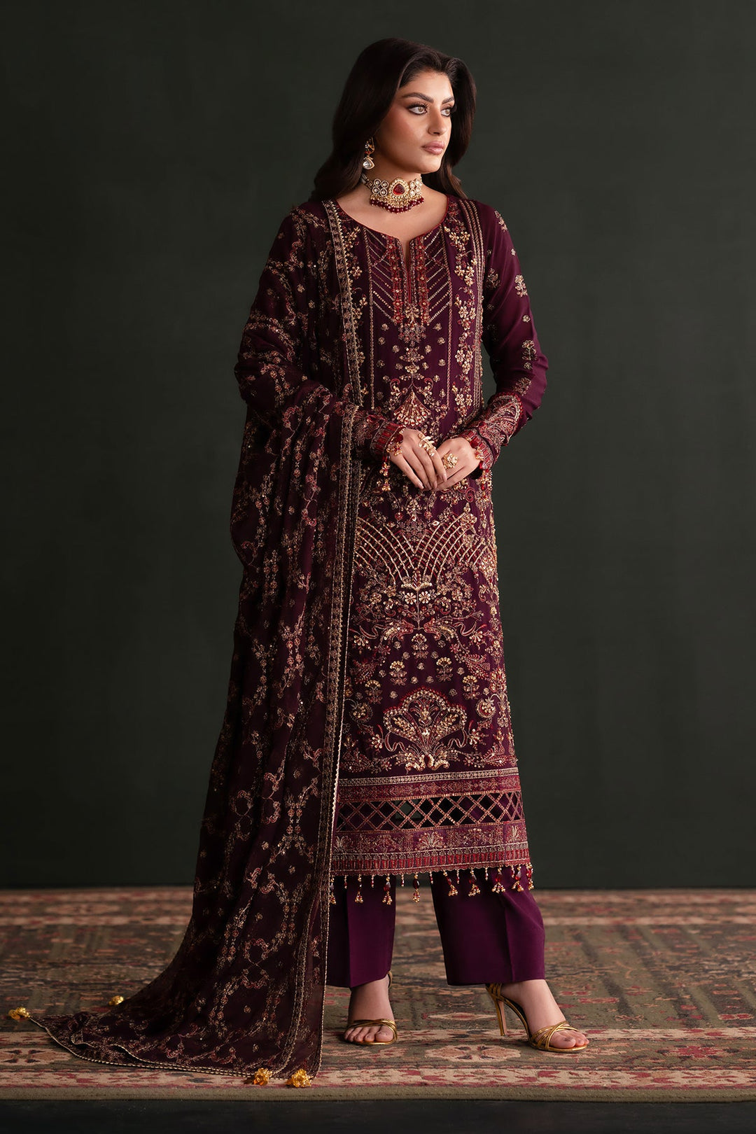 Elegant Burgundy Embroidered Pakistani Salwar Kameez Dupatta Suit