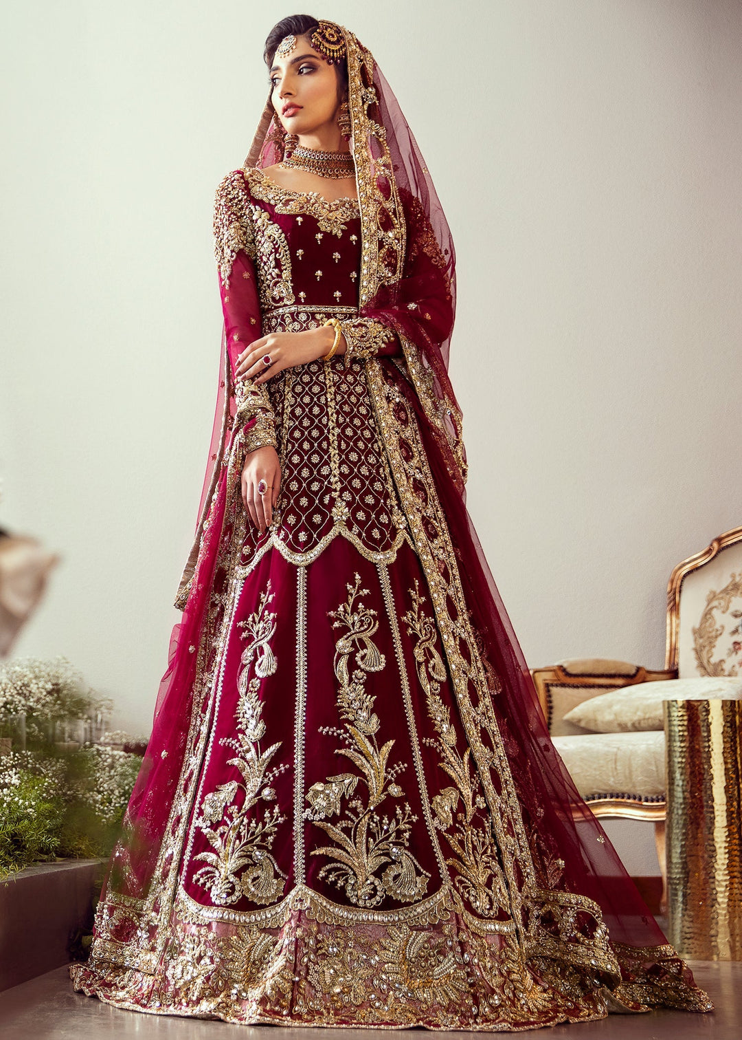 Elegant Cherry Red Embroidered Pakistani Bridal Lehenga pishwas Dress