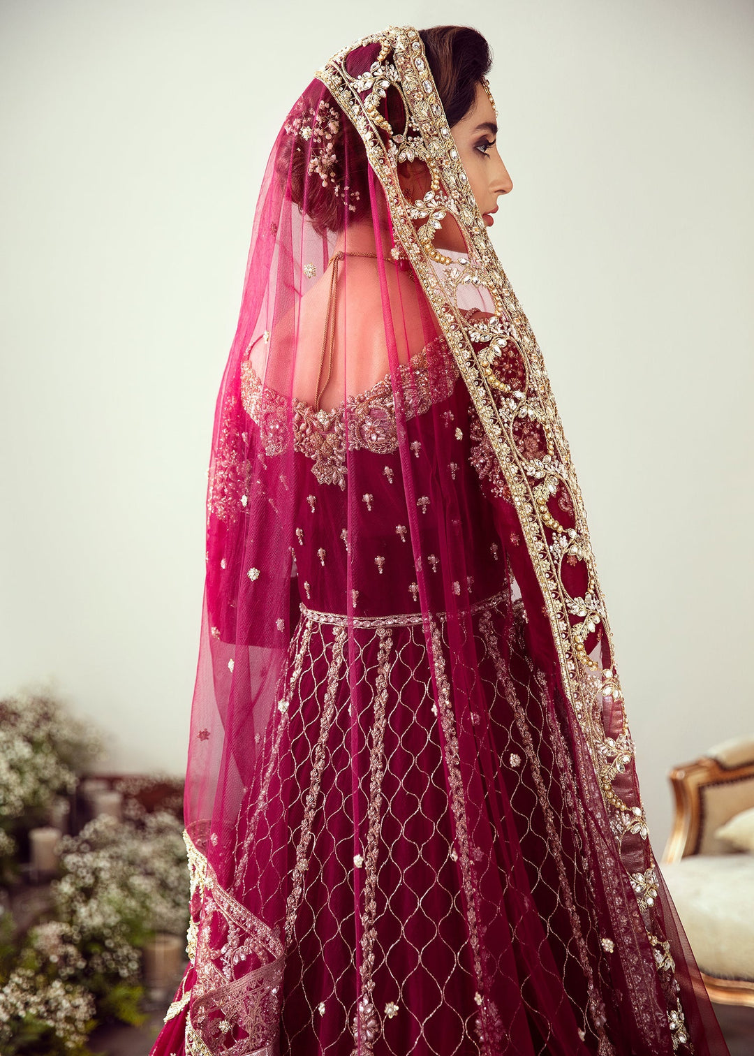 Elegant Cherry Red Pakistani Bridal Lehenga pishwas Dress