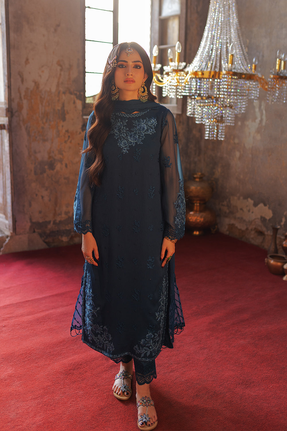 Elegant Chiffon Regal Blue Embroidered Pakistani Salwar Dupatta Suit In USA