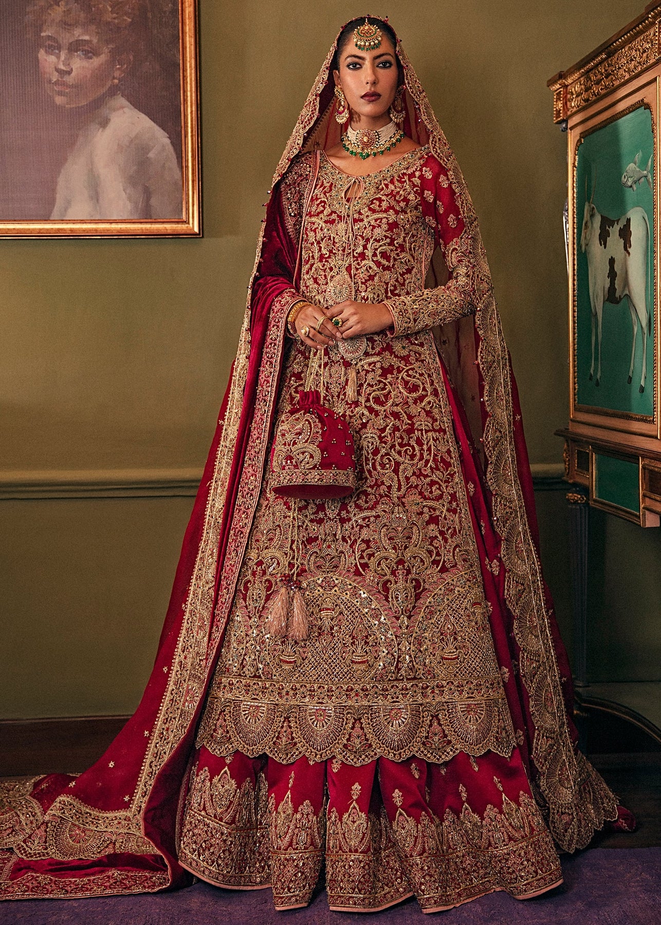 Elegant Deep Red Pakistani Bridal Dress Kameez Lehenga – Nameera by Farooq