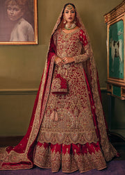 Elegant Deep Red Heavily embellished Pakistani Bridal Dress Kameez Lehenga