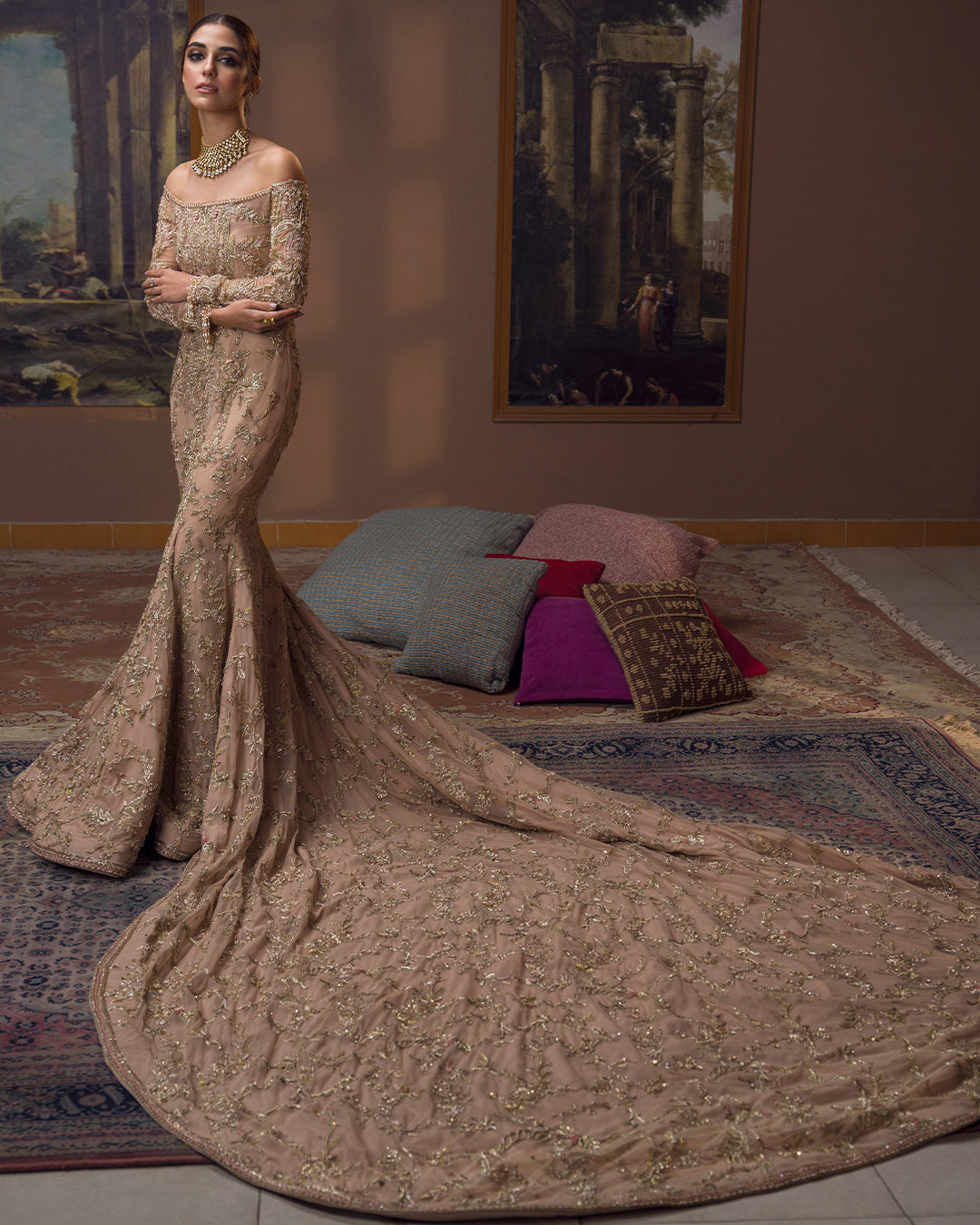 Elegant Embellished Beige Pakistani Bridal Dress in Tale Gown Style