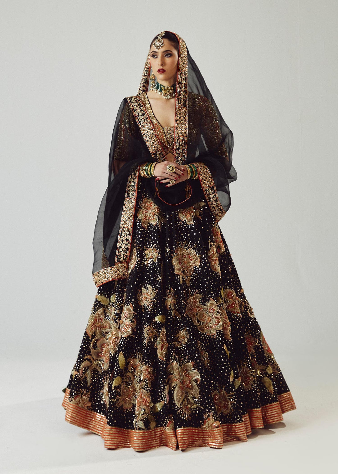 Elegant Embellished Black Lehenga with Choli and Dupatta Dress