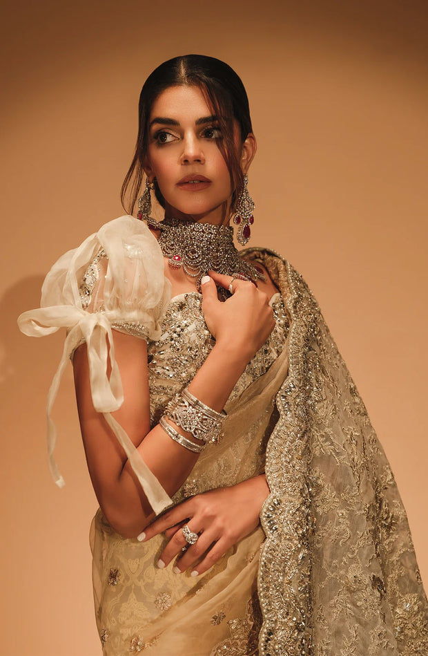 Elegant Embellished Golden Saree Style Pakistani Bridal Dress