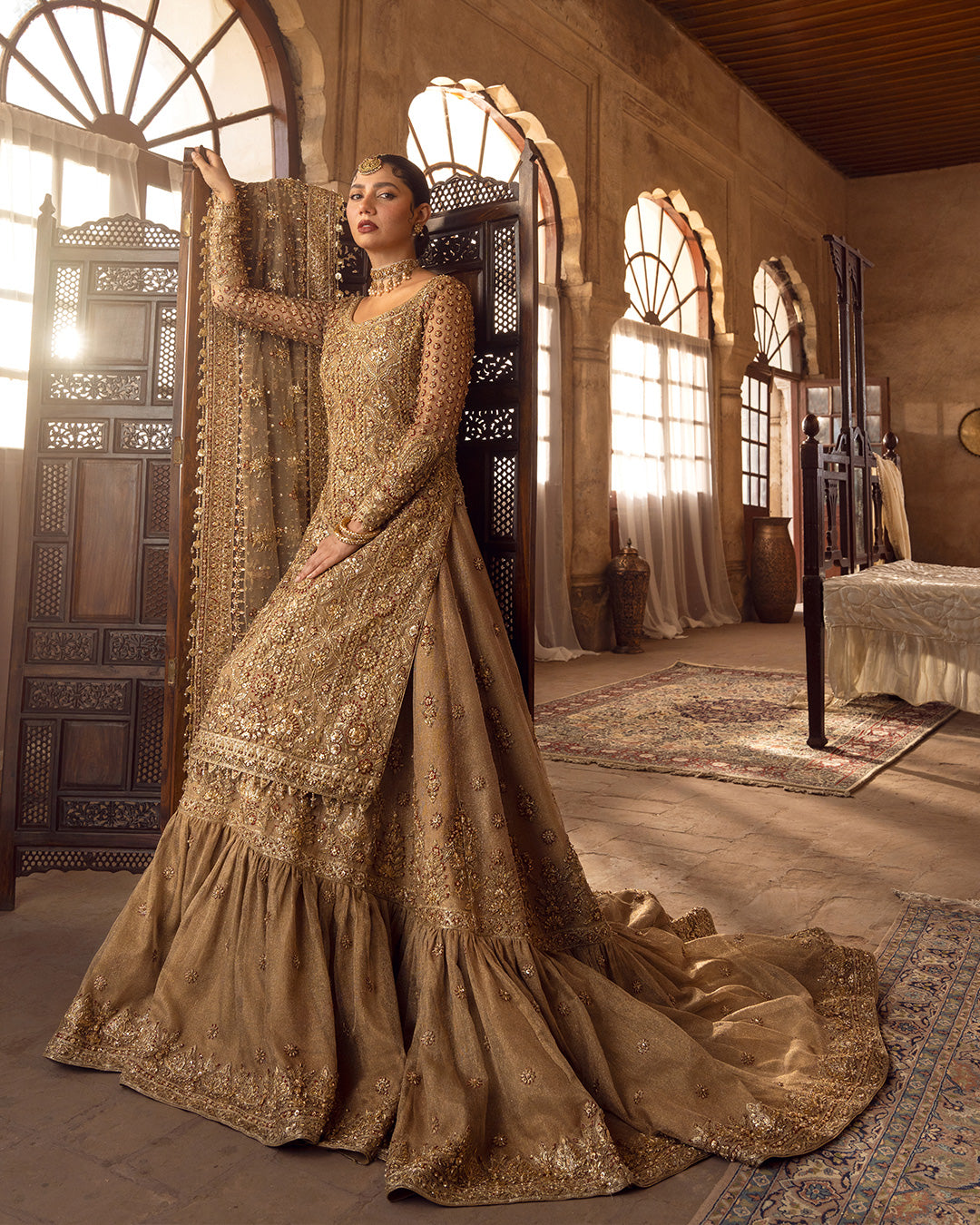 Elegant Embroidered Golden Pakistani Bridal Dress in Farshi Gharara Style