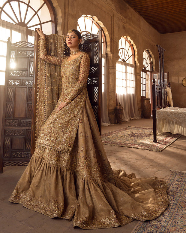Elegant Embroidered Golden Pakistani Bridal Dress in Farshi Gharara Style