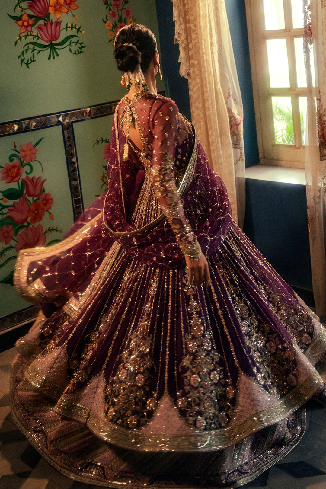 Elegant Flared Long Pishwas and Lehenga Pakistani Bridal Dress