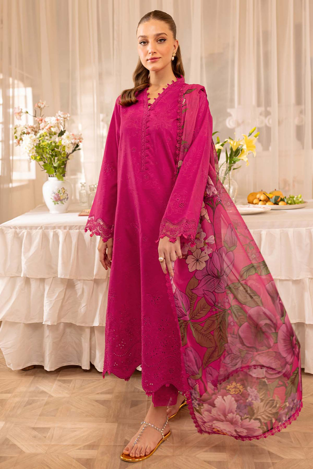Elegant Floral Fuchsia Pink Pakistani Kameez Dupatta Suit