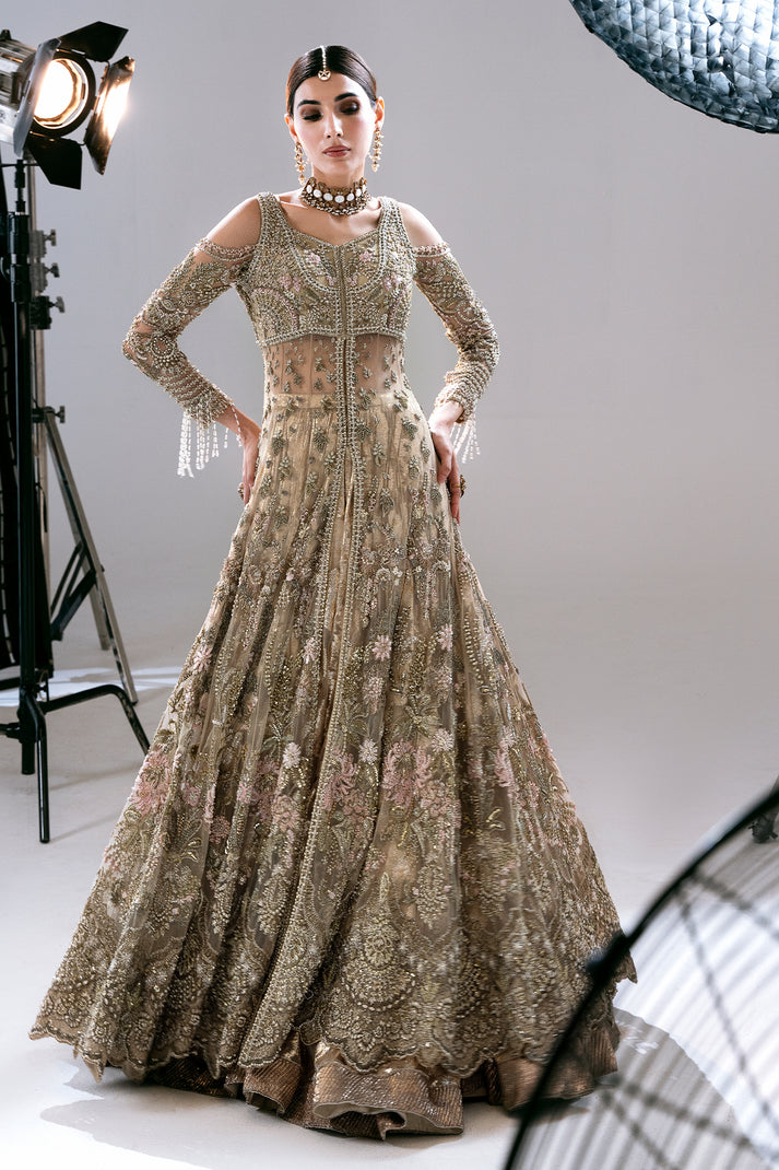 Elegant Gold Pakistani Bridal Dress in Gown and Lehenga Style