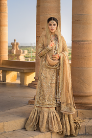 Elegant Golden Pakistani Bridal Dress in Gharara Kameez Style