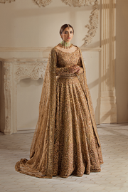 Elegant Golden Pakistani Bridal Dress in Lehenga Choli Style