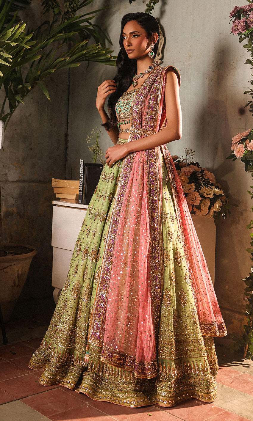 Green Lehenga and Turquoise Choli Indian Bridal Dress – Nameera by Farooq