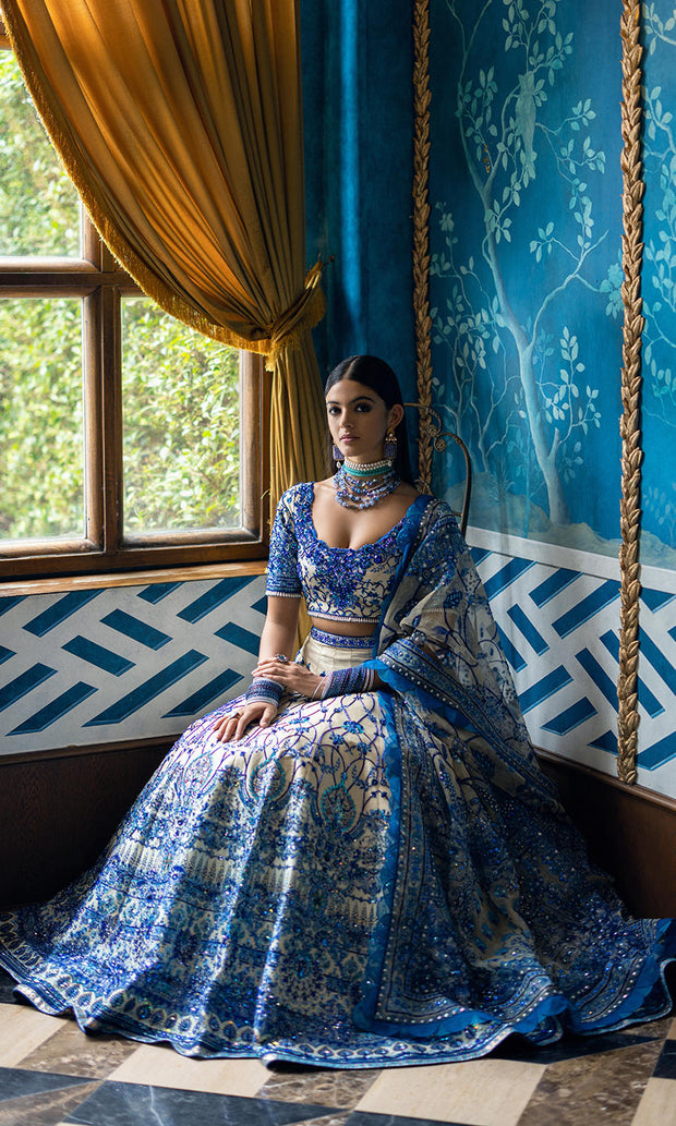 Elegant HSY Blue Bridal Lehenga Choli and Dupatta Wedding Dress