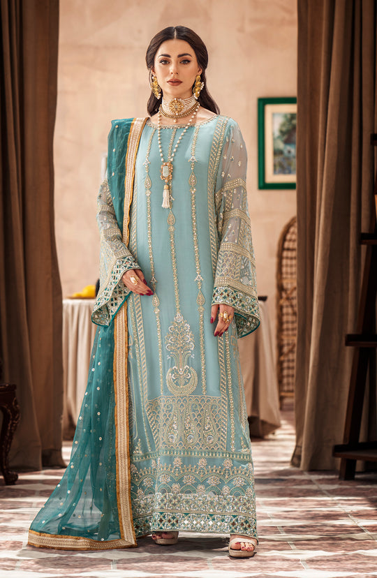 Elegant Heavily Embellished Aqua Blue Pakistani Kameez Wedding Dress