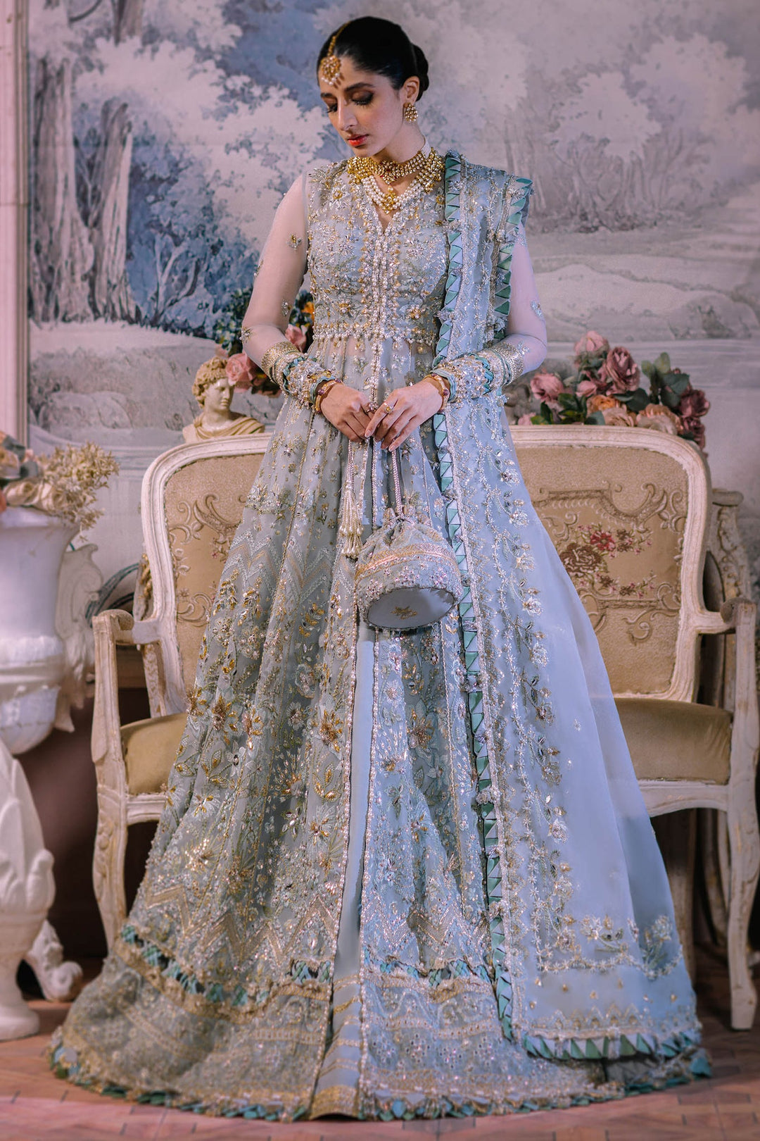 Elegant Ice Blue Pakistani Wedding Dress Gown Pishwas Nameera by Farooq Elegant Ice Blue Pakistani Wedding Dress Gown Pishwas Nameera by Farooq