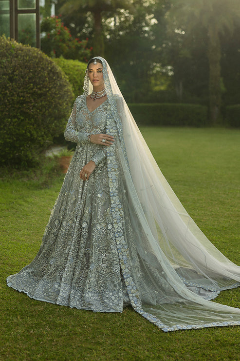 Elegant Ice Blue Pakistani Bridal Dress in Gown Lehenga Style