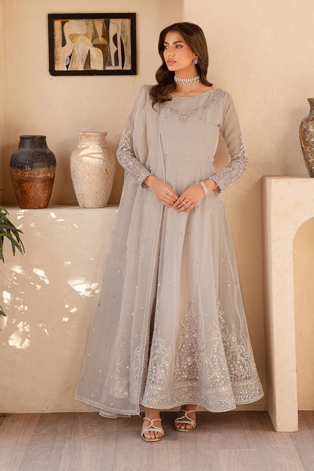 Elegant Ivory Embellished Pakistani Party Dress in Frock Style