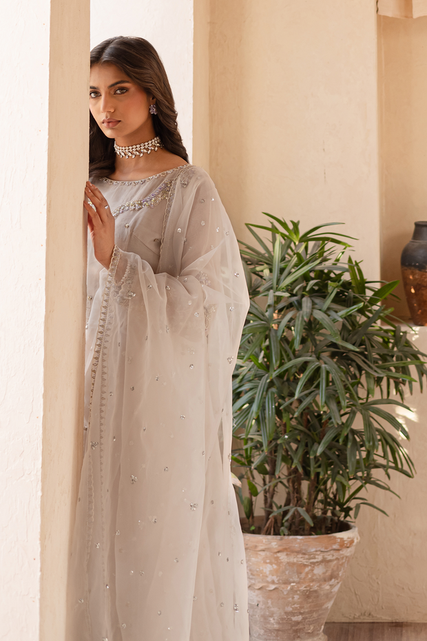 Elegant Ivory Heavily Embellished Pakistani Dress in Frock Style