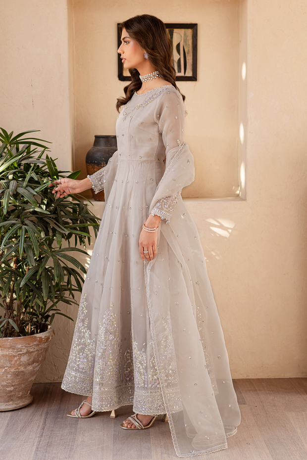 Elegant Ivory Heavily Embellished Pakistani Party Dress in Frock Style