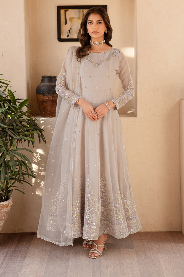 Elegant Ivory Heavily Embellished Pakistani Party Dress in Frock Style