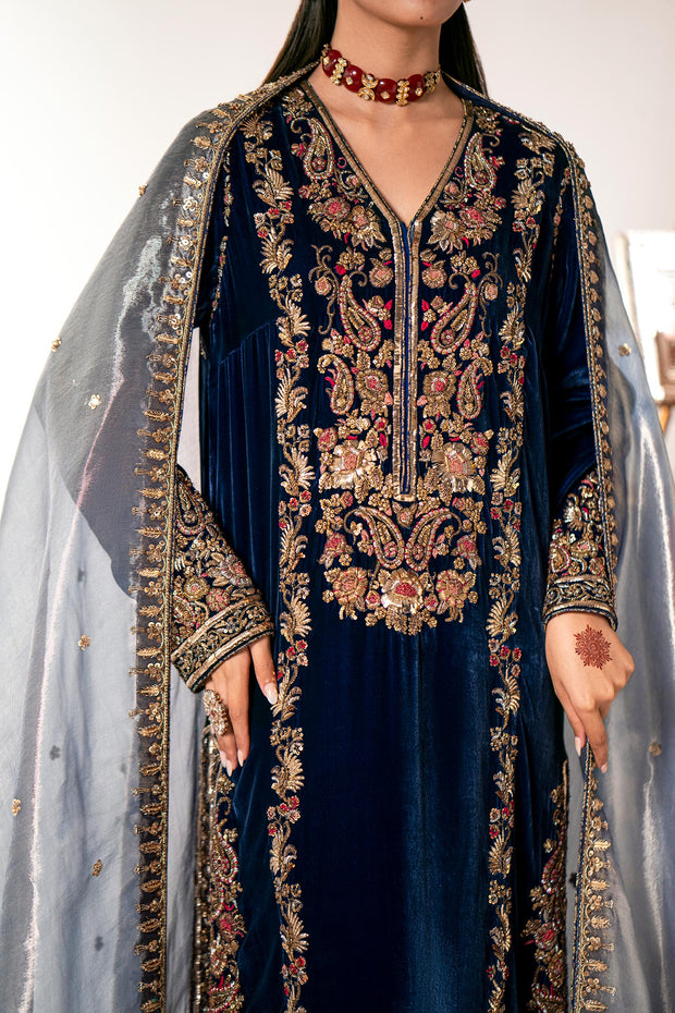 Elegant Kameez Trouser Style Deep Blue Pakistani Wedding Dress