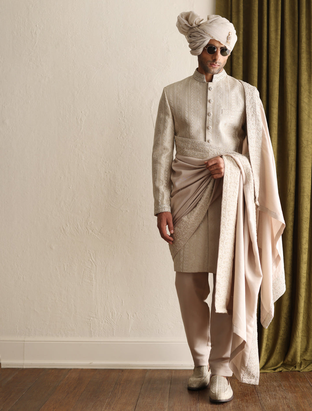 Elegant Light Beige Self Embroidered Pakistani Groom Sherwani
