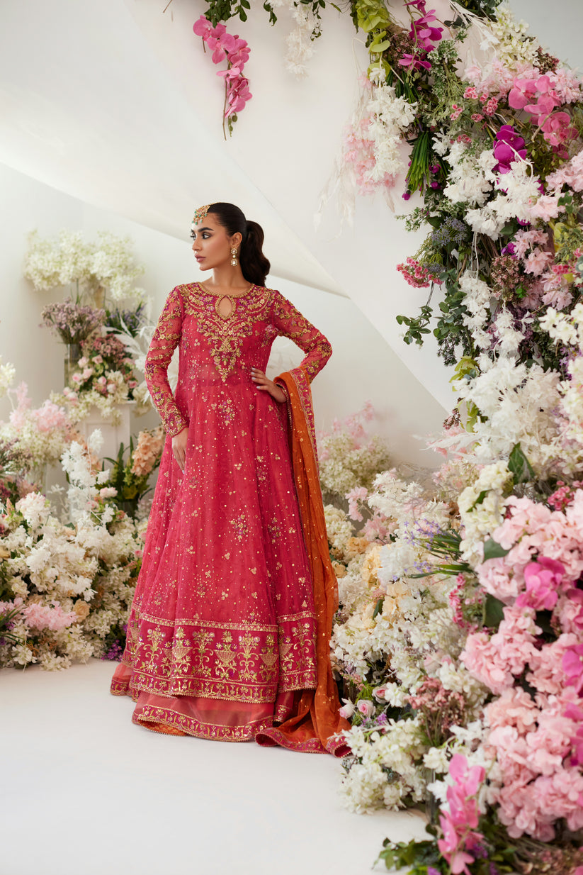 Elegant Mehndi Dress in Pishwas Frock Lehenga and Dupatta Style