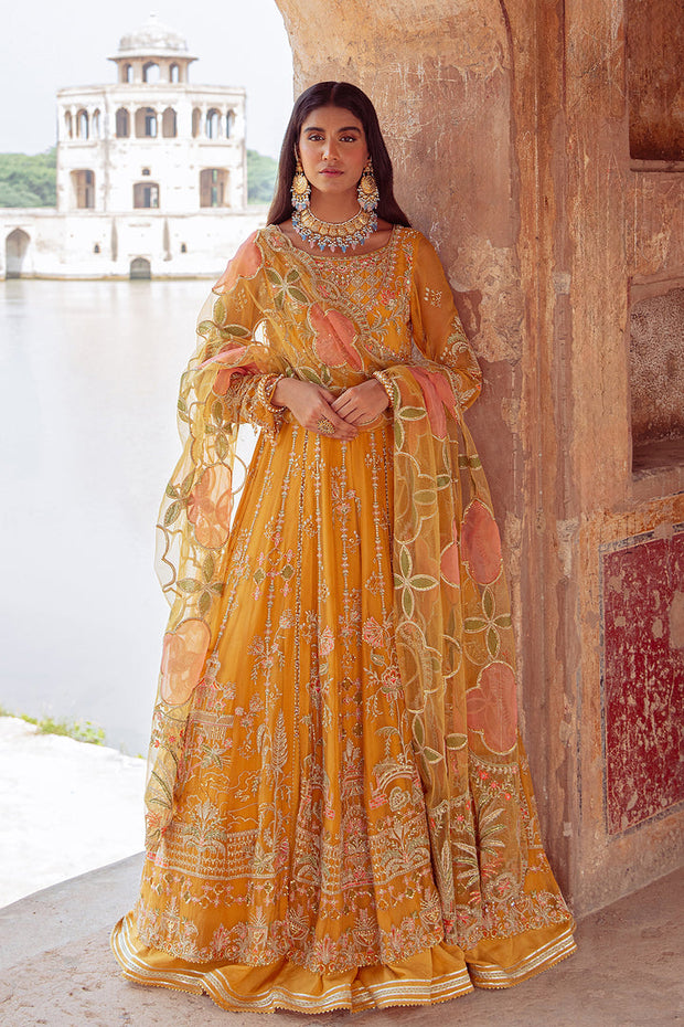 Elegant Mustard Floral Embellished Pakistani Wedding Dress in Frock Style