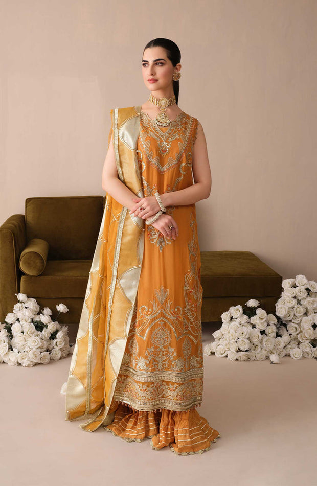 Elegant Mustard Pakistani Embroidered Kameez Sharara Wedding Dress