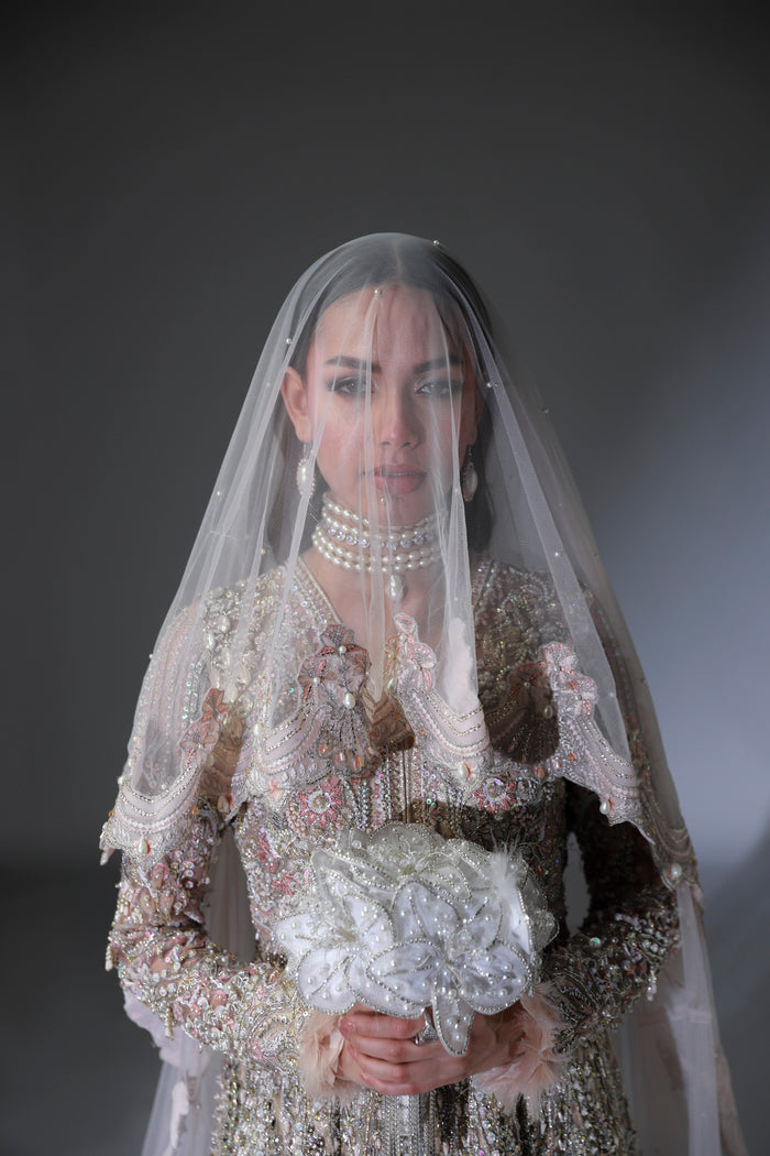 Elegant Net Pakistani Bridal Dress in Gown and Dupatta Style