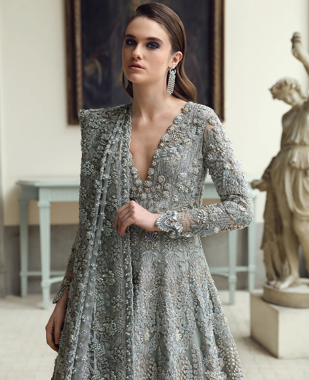 grey fancy dresses pakistani Bridal Dress in Blue Gown Dupatta Style – Nameera by Farooq Machine Washable