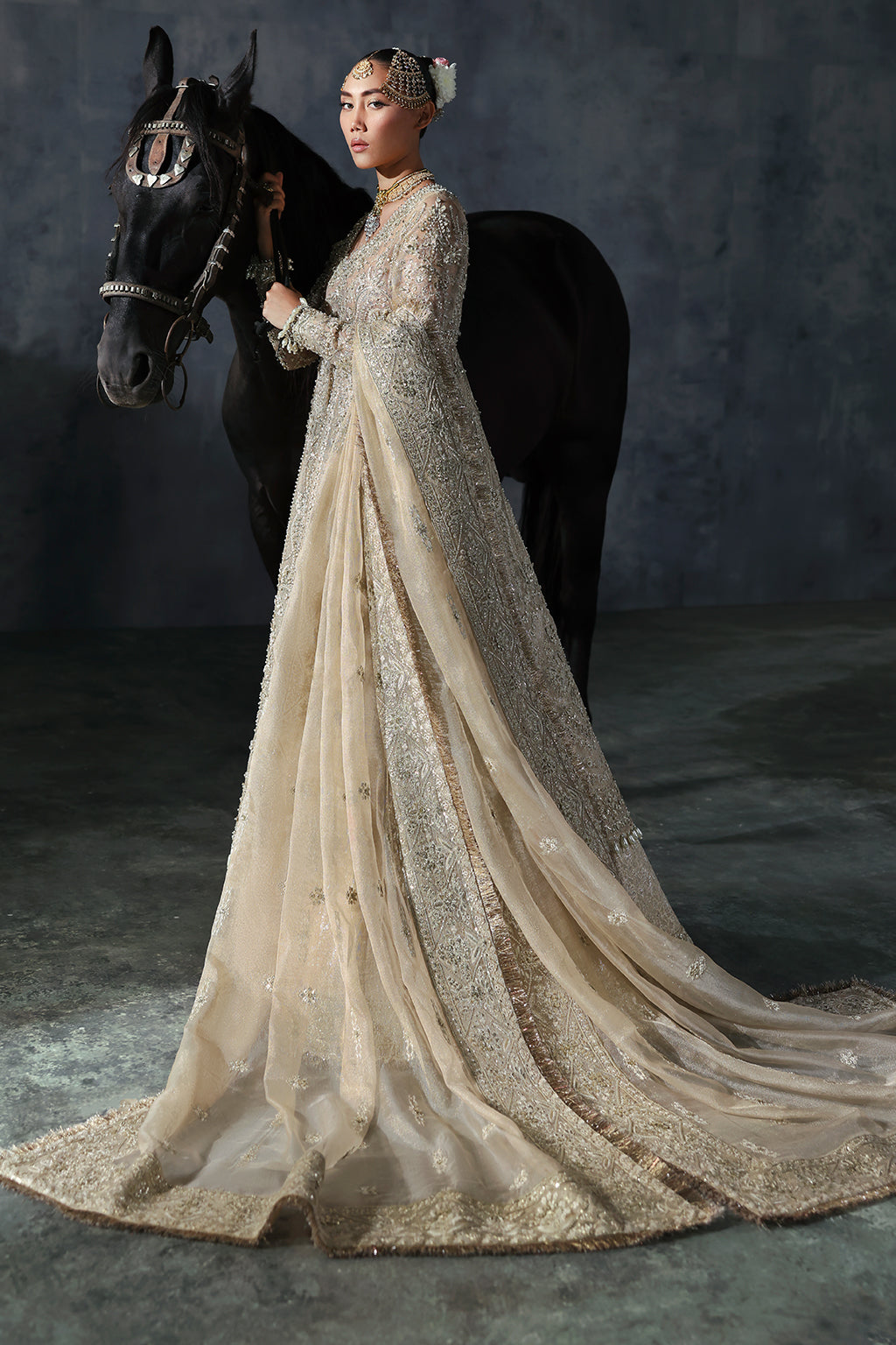 Elegant Pakistani Bridal Dress in Gold Frock and Lehenga Style