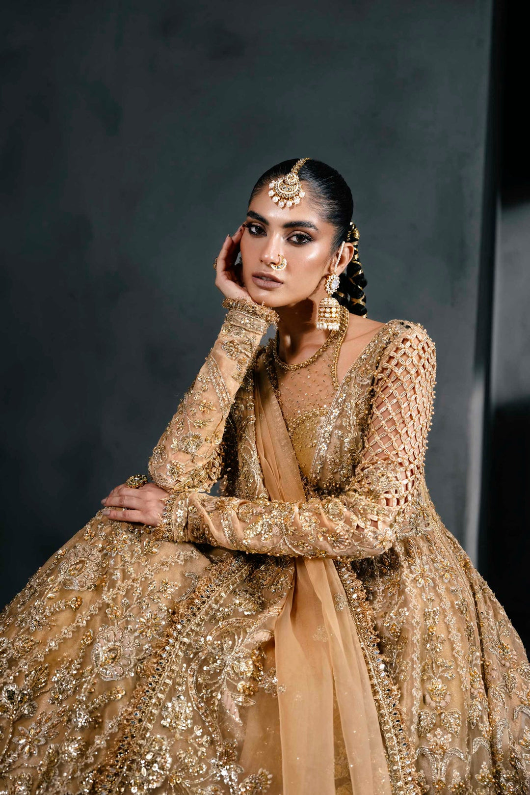 Elegant Pakistani Bridal Dress in Gold Pishwas Lehenga Style