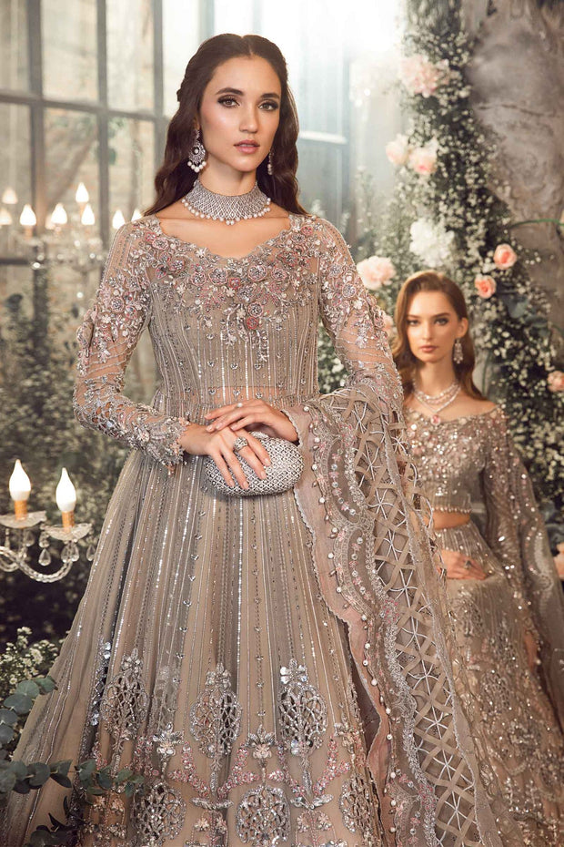 Elegant Pakistani Bridal Dress in Grey Lehenga Pishwas Style