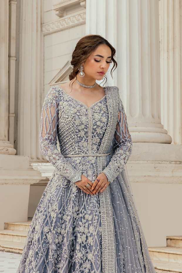 Elegant Pakistani Bridal Dress in Ice Blue Pishwas Frock Style